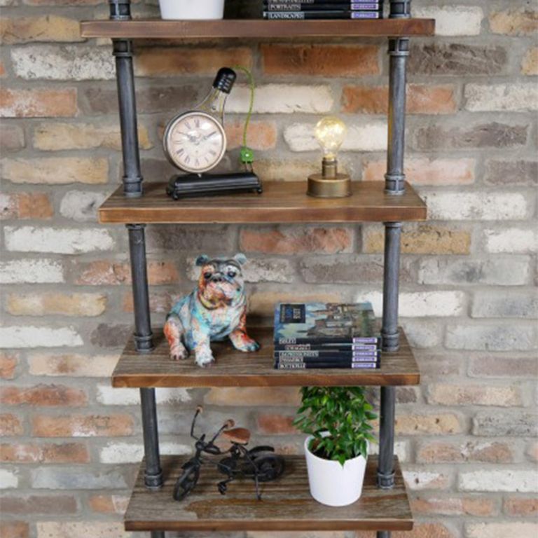 Shelves - Black Metal Pipe - 6 Wooden Wall Shelves