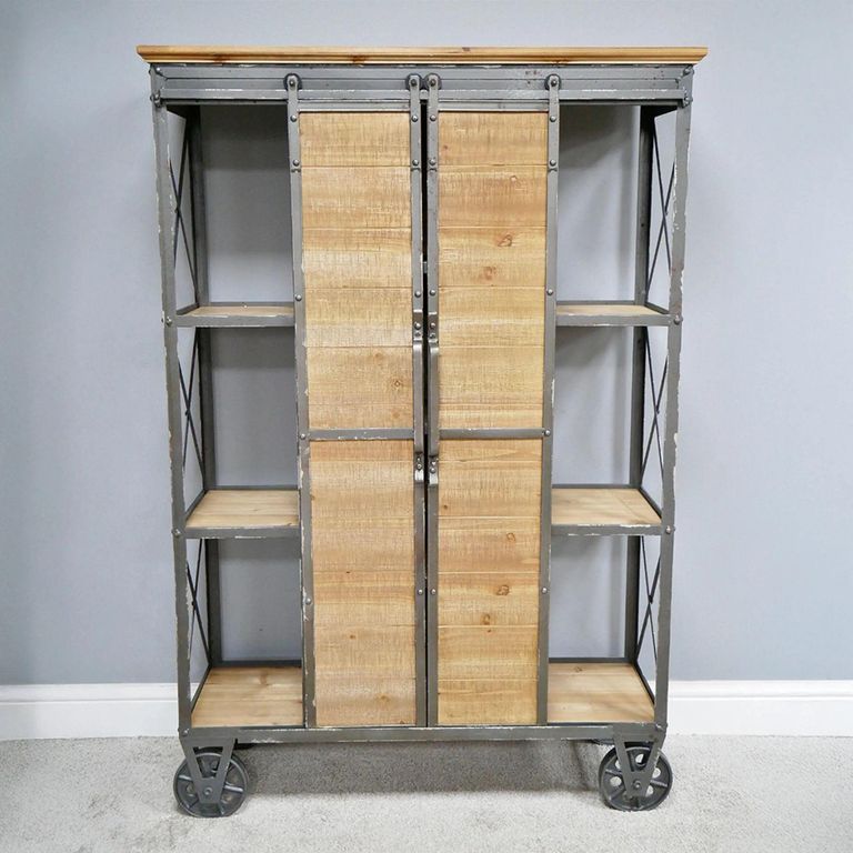 Tall Cabinet - Fir Wood and Metal - Industrial - on Wheels
