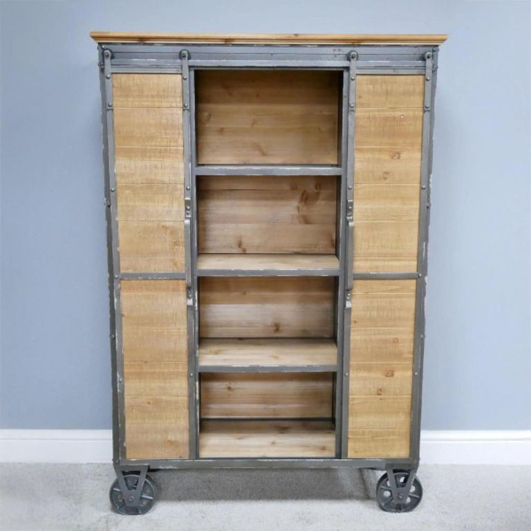 Tall Cabinet - Fir Wood and Metal - Industrial - on Wheels
