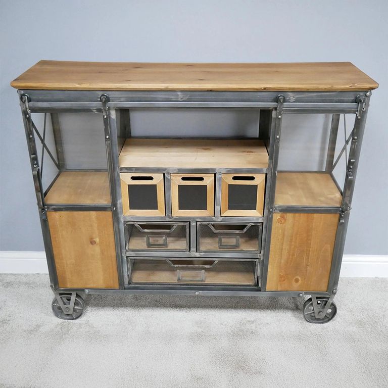 Cabinet - Fir Wood and Metal - Wide - on Wheels