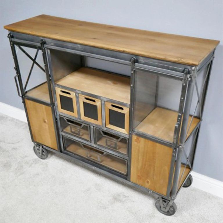 Cabinet - Fir Wood and Metal - Wide - on Wheels