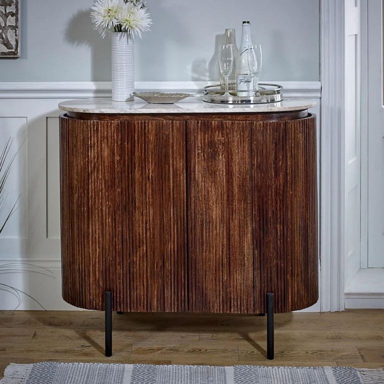 Opal Fluted Drinks Cabinet - White Marble Top - Mango Wood
