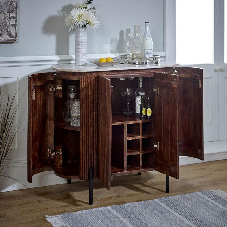 Opal Fluted Drinks Cabinet - White Marble Top - Mango Wood
