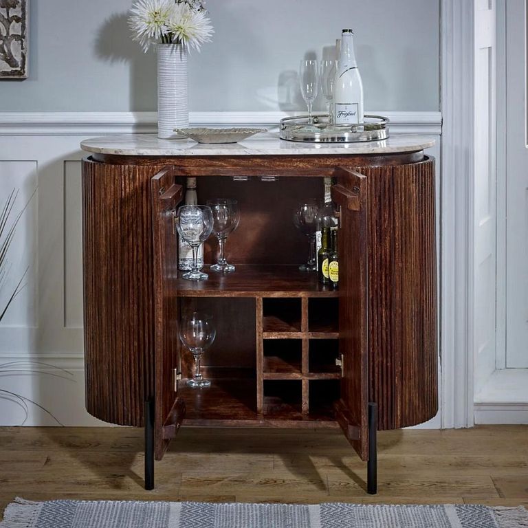 Opal Fluted Drinks Cabinet - White Marble Top - Mango Wood