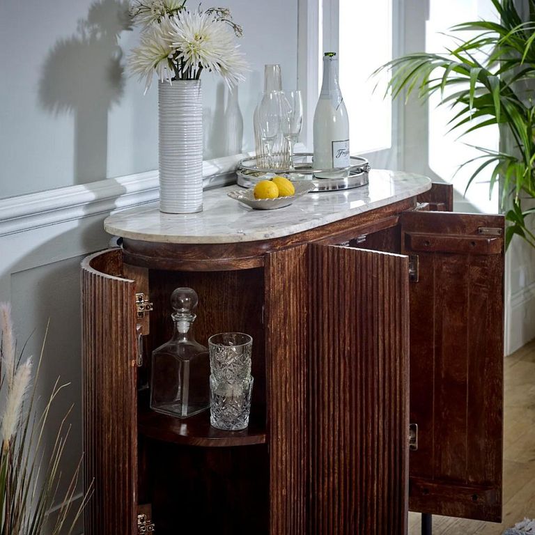 Opal Fluted Drinks Cabinet - White Marble Top - Mango Wood
