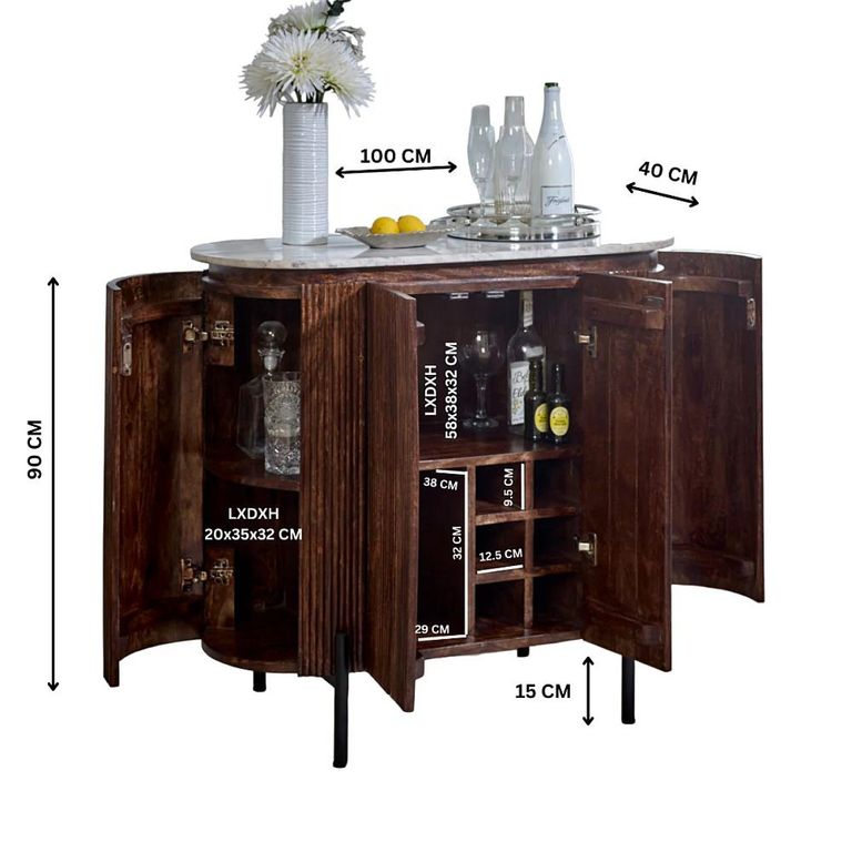 Opal Fluted Drinks Cabinet - White Marble Top - Mango Wood