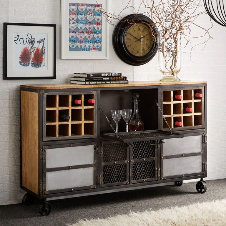 Evoke Sideboard - Wine Rack - On Wheels - Industrial Style - Wooden and Metal