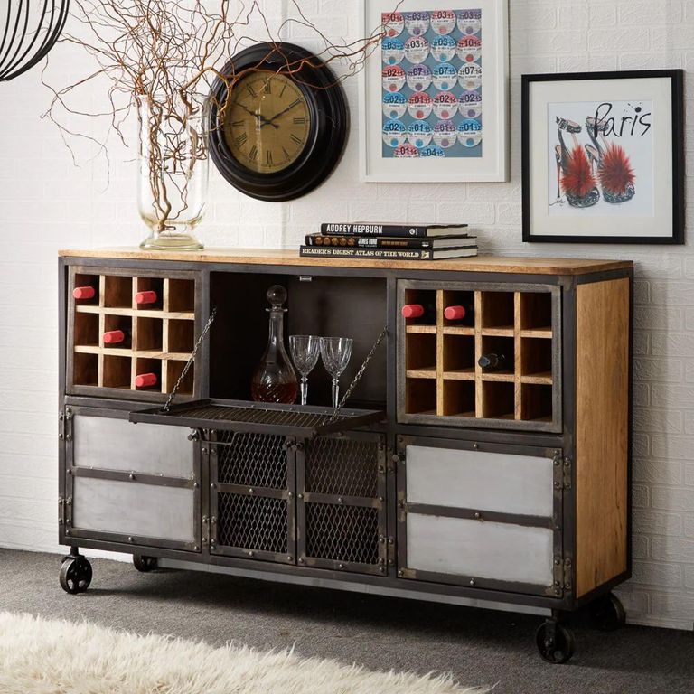 Evoke Sideboard - Wine Rack - On Wheels - Industrial Style - Wooden and Metal