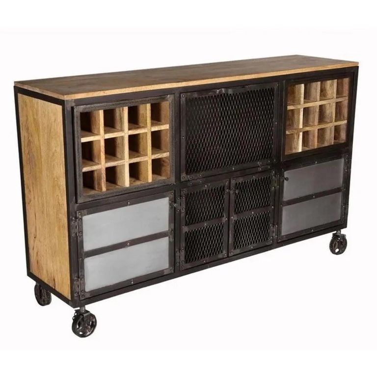 Evoke Sideboard - Wine Rack - On Wheels - Industrial Style - Wooden and Metal