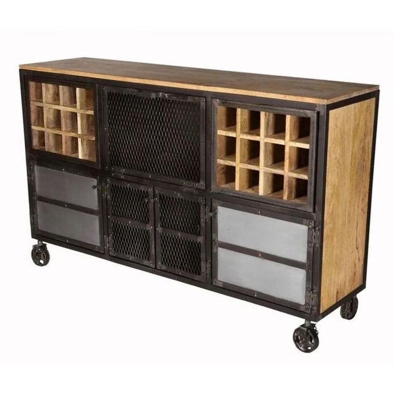 Evoke Sideboard - Wine Rack - On Wheels - Industrial Style - Wooden and Metal