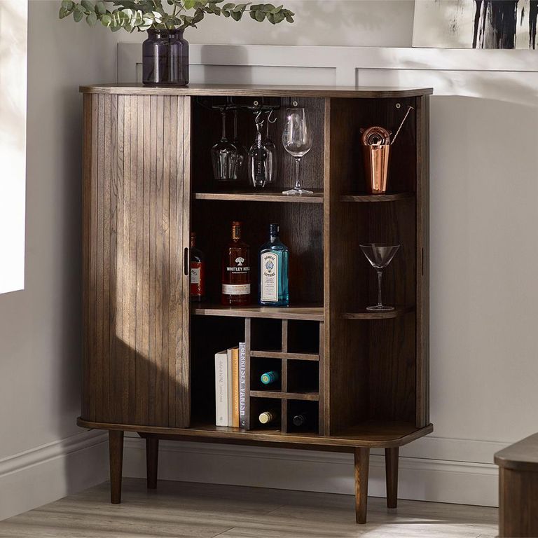 Arya Ribbed Dark Oak Wine Cabinet - 2 Door