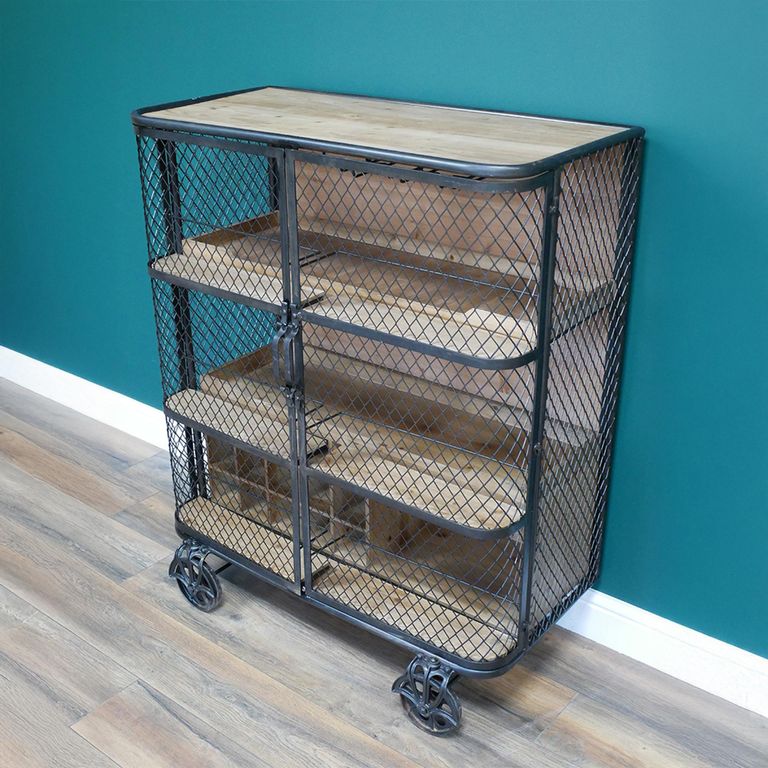 Bar Cabinet - Fir Wood - Black and Metal - on Wheels