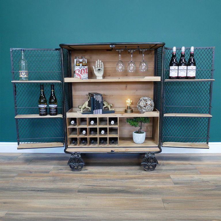 Bar Cabinet - Fir Wood - Black and Metal - on Wheels