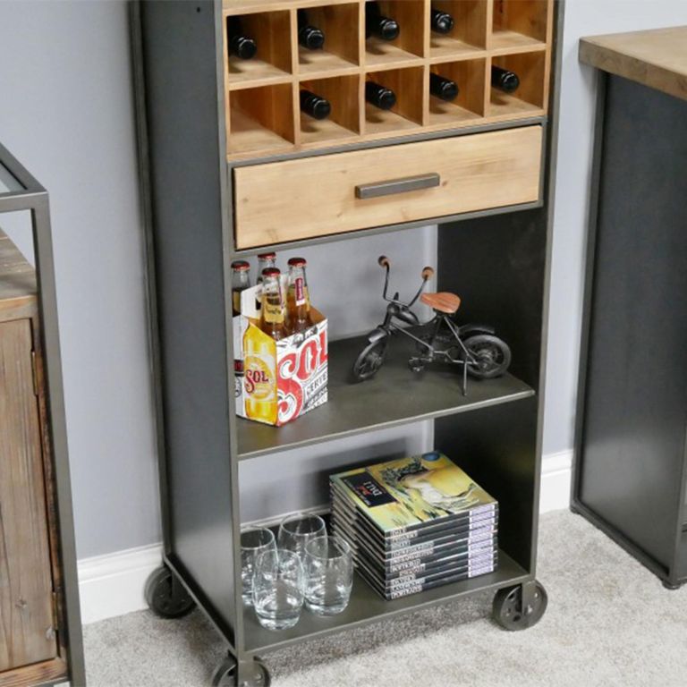 Wine Cabinet - Wood and Metal - Tall - with Wheels