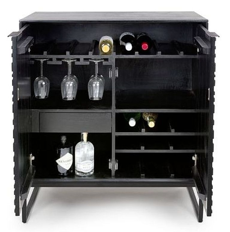 Fusion Mango Wood Drinks Cabinet - 2 Door - Black - Geometric