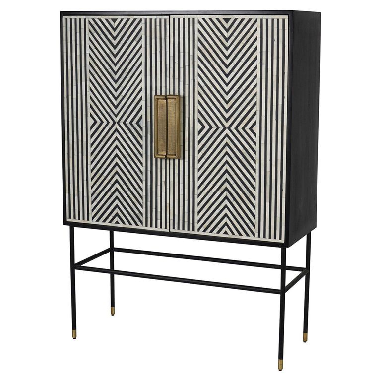 Delaney Bar Cabinet - Black and White Bone Inlay - 2 Door