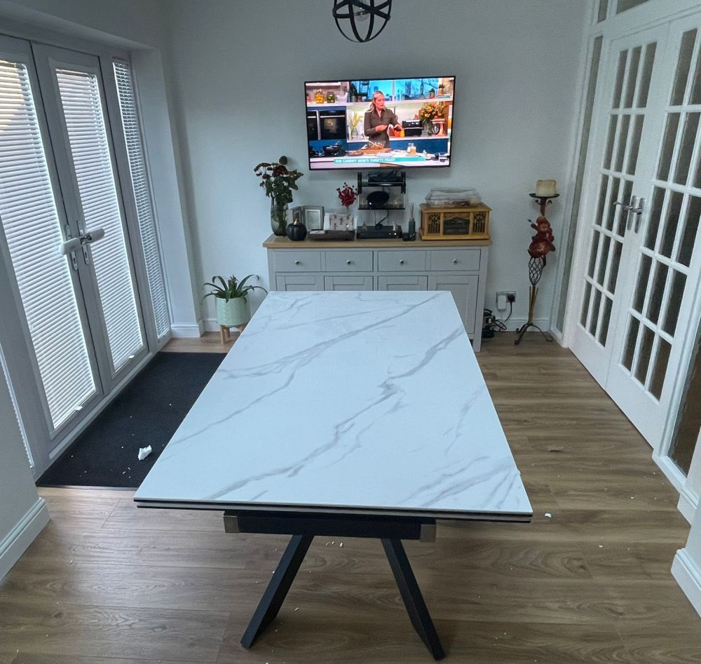 Sutton Dining Table - 4-8 Seater - 140cm-200cm - Extending - White Ceramic - Black Star Base