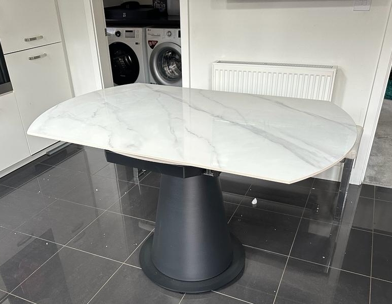 Carrara Round Dining Table - 4 Seater - 135cm - White Ceramic - Swivel Motion Extending - Black Pedestal Base