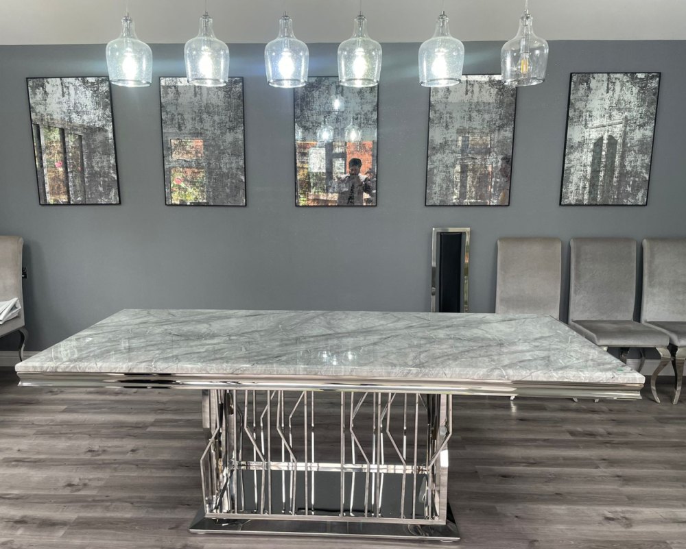 Vortex Dining Table - 8 Seater - 220cm - Grey Marble & Chrome