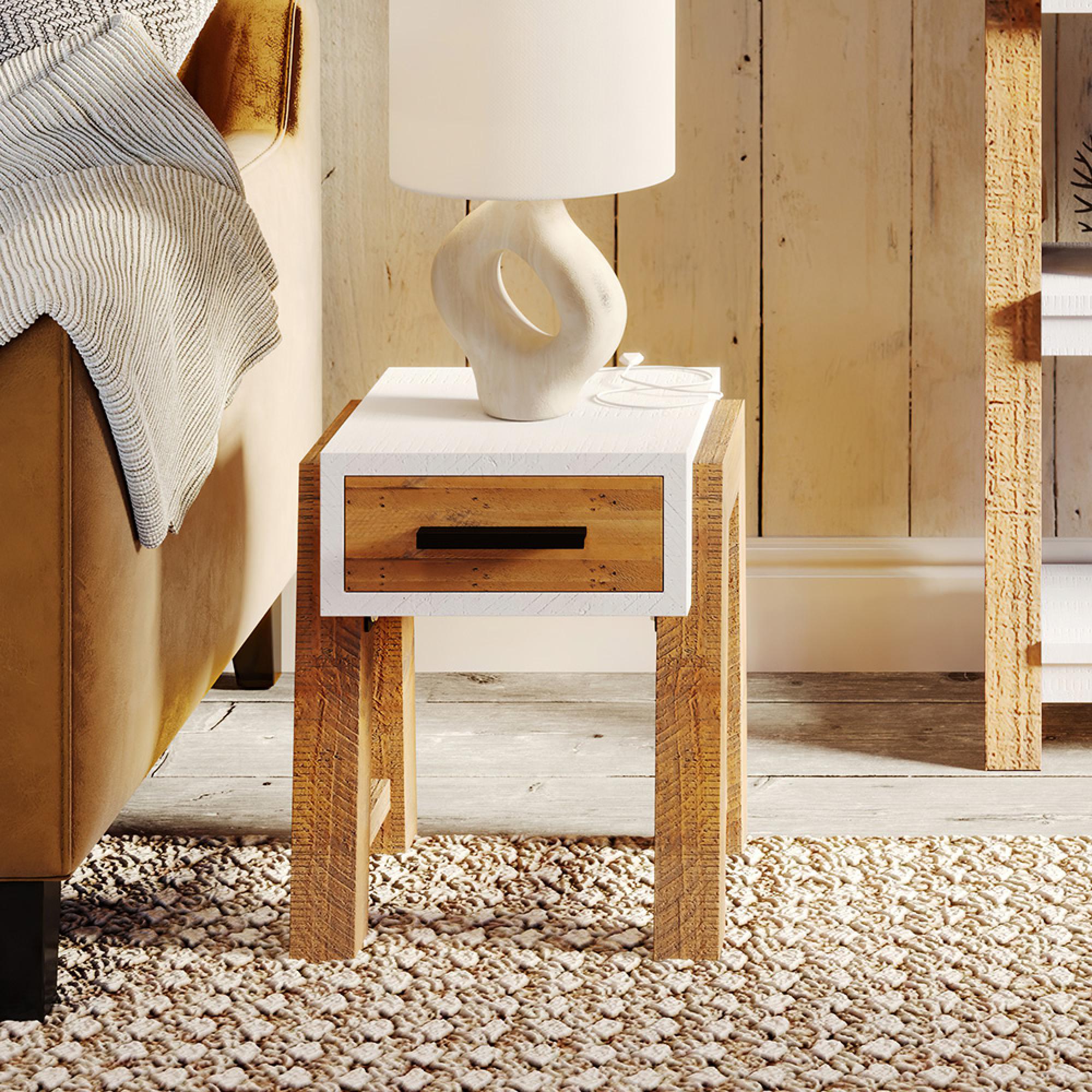 Trego Reclaimed Wood and White 1 Drawer Side Table