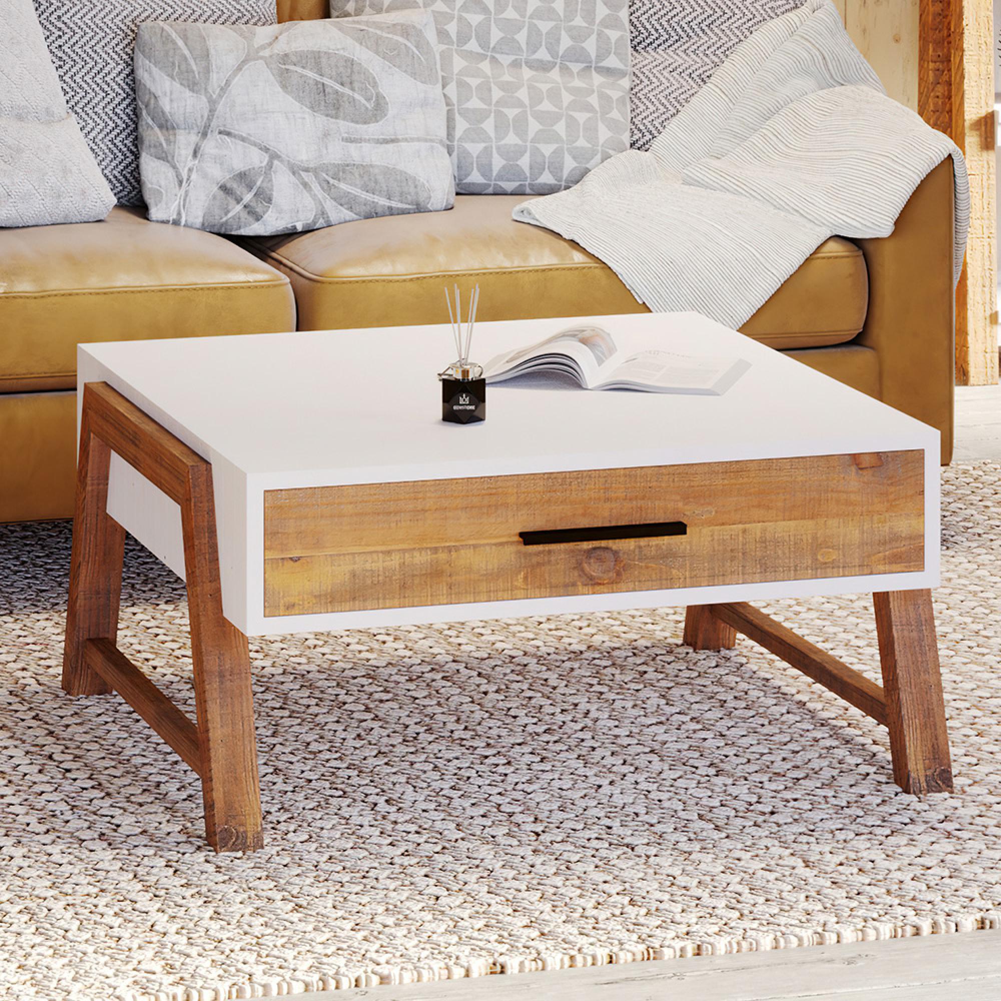 Trego Reclaimed Wood and White 1 Drawer Square Coffee Table