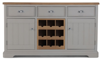 Product photograph of Shallotte Grey And Parquet Oak Top Medium Sideboard With Wine Rack 150cm With 2 Doors And 3 Drawers from Choice Furniture Superstore