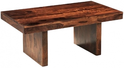 Cube Honey Lacquered Sheesham Block Coffee Table with Double Pedestal Base