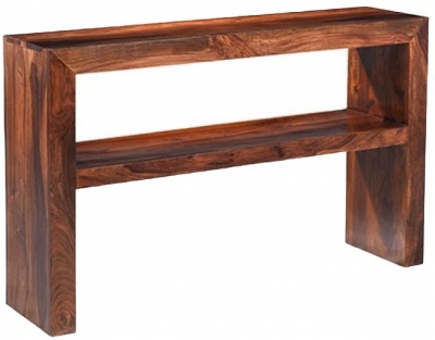 Product photograph of Cube Honey Lacquered Sheesham Narrow Console Table from Choice Furniture Superstore
