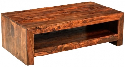 Product photograph of Cube Honey Lacquered Sheesham Contemporary Coffee Table from Choice Furniture Superstore