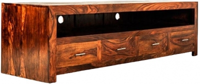Cube Honey Lacquered Sheesham Large TV Unit, 197cm W with Storage for Television Upto 75in Plasma