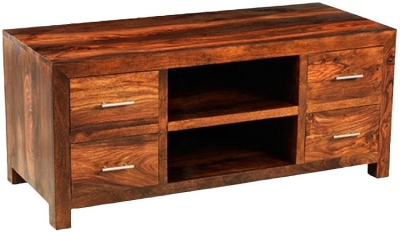 Cube Honey Lacquered Sheesham TV Unit, 118cm W with Storage for Television Upto 43in Plasma
