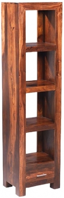 Cube Honey Lacquered Sheesham Slim Jim Bookcase, 177cm Tall Bookshelf with 1 Storage Drawer