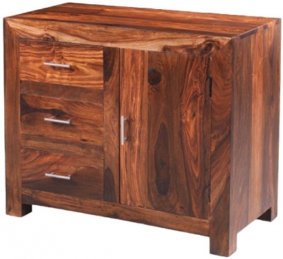 Cube Honey Lacquered Sheesham Compact Sideboard, 88cm W with 1 Door and 3 Drawers