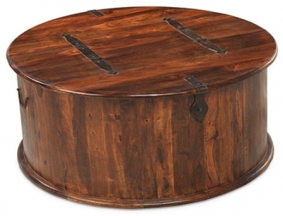 Indian Sheesham Solid Wood Round Top Opening Storage Trunk Coffee Table