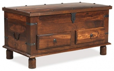 Indian Sheesham Solid Wood Top Opening Storage Trunk Coffee Table with 2 Drawers Storage
