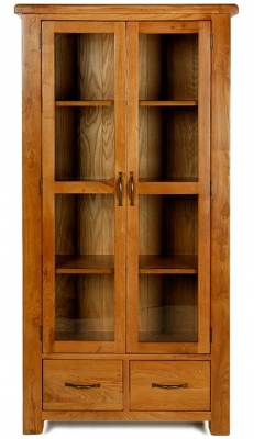 Arles Oak Glazed Display Cabinet, 2 Glass Doors and 2 Bottom Storage Drawers