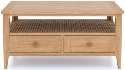 Product photograph of Henley Oak And Rattan Coffee Table With 2 Drawers Storage from Choice Furniture Superstore