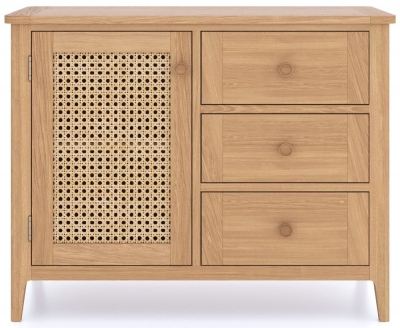 Henley Oak and Rattan Small Sideboard, 92cm W with 1 Door and 3 Drawers