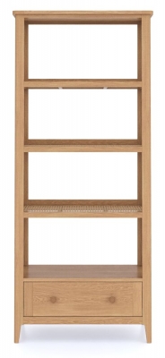 Product photograph of Henley Oak And Rattan Tall Bookcase Shelving Unit 179cm H With 1 Storage Drawer from Choice Furniture Superstore