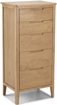 Product photograph of Bresca Scandi Style Oak Narrow Chest 5 Drawers Tallboy - Curved Edges from Choice Furniture Superstore