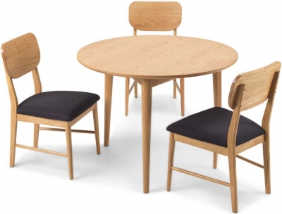 Image of Skean Scandinavian Style Oak Dining Set, 105cm Seats 4 Diners Round Top - Upholstered Dining Chairs