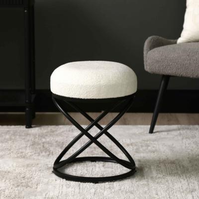 Rizzo Footstool - Round - White Boucle Fabric & Black Metal