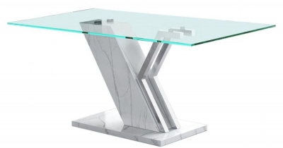 Product photograph of Lusso White Faux Marble And Glass Dining Table from Choice Furniture Superstore
