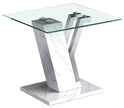 Product photograph of Lusso White Faux Marble And Glass End Table from Choice Furniture Superstore