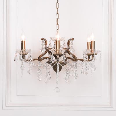French Style Antique Gold 6 Branch Shallow Cut Glass Chandelier