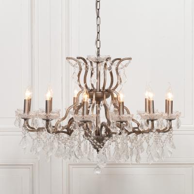 French Style Antique Silver 12 Branch Shallow Cut Glass Chandelier