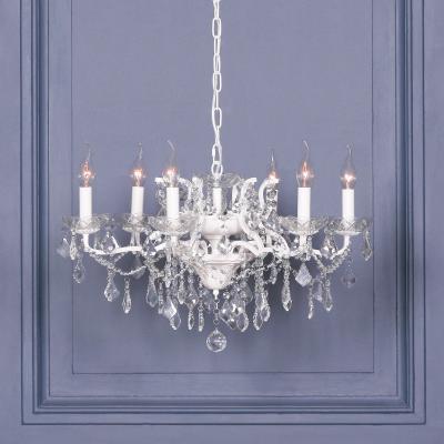 French Style White 6 Branch Shallow Cut Glass Chandelier