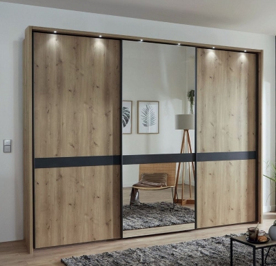 Product photograph of Rialto Bianco Oak 3 Door Sliding Wardrobe With 1 Mirror Front And Slate Cross Trim - 280cm from Choice Furniture Superstore