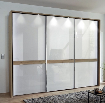 Product photograph of Rialto Bianco Oak And White Glass 3 Door Sliding Wardrobe With Slate Cross Trim - 280cm from Choice Furniture Superstore