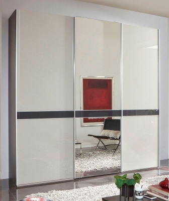 Product photograph of Rialto Graphite And White Glass 3 Door Sliding Wardrobe With 1 Mirror Front And Graphite Cross Trim - 250cm from Choice Furniture Superstore